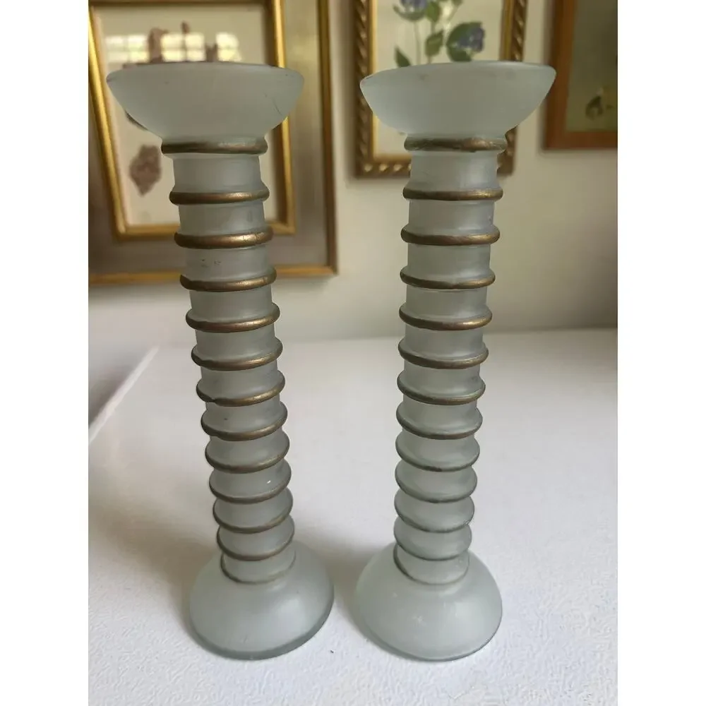 Vintage La Mediterranea Green Glass Vases Candlesticks frosted Spain set 2, 7”
